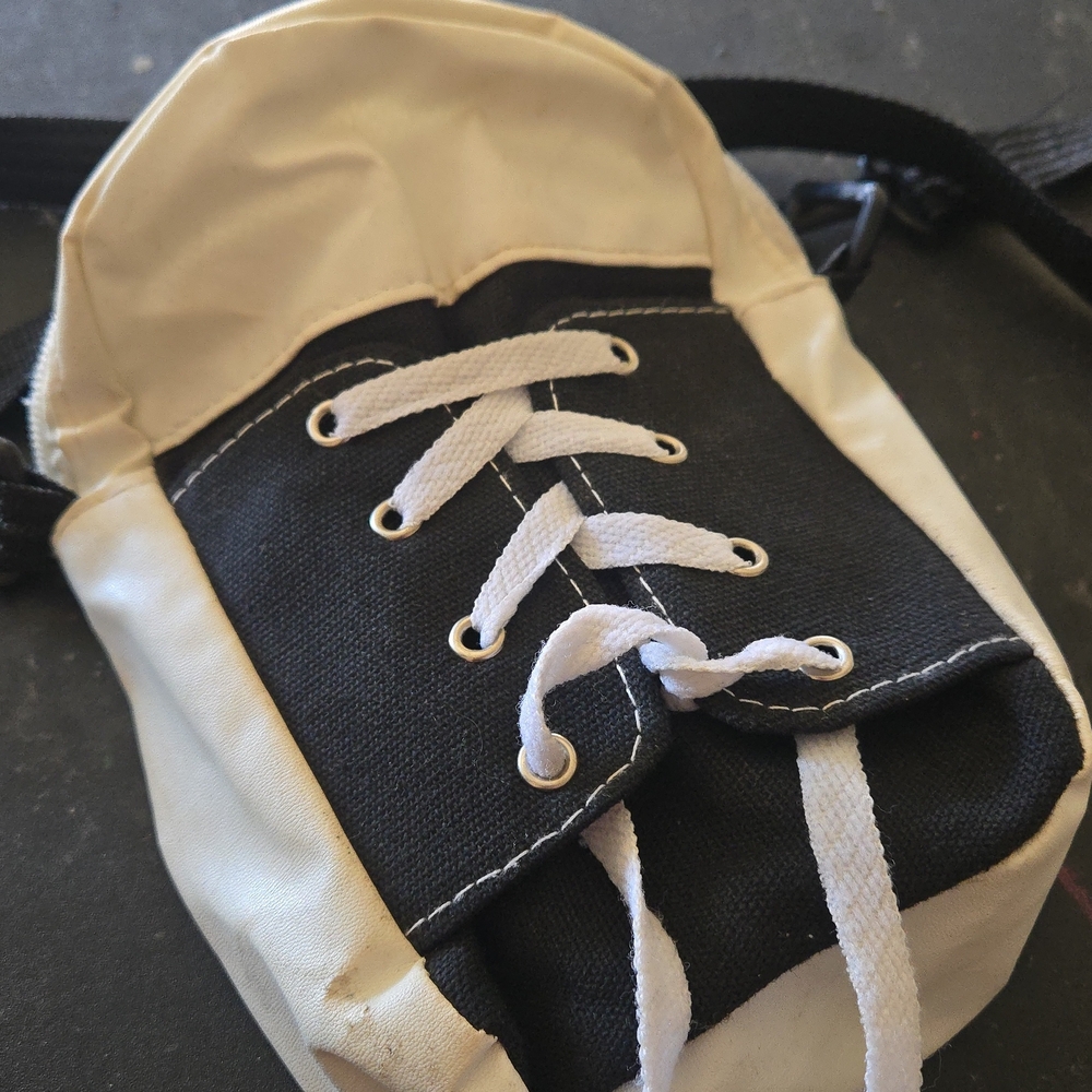 Black and Cream Mini Crossbody Bag with Lace-Front Detail